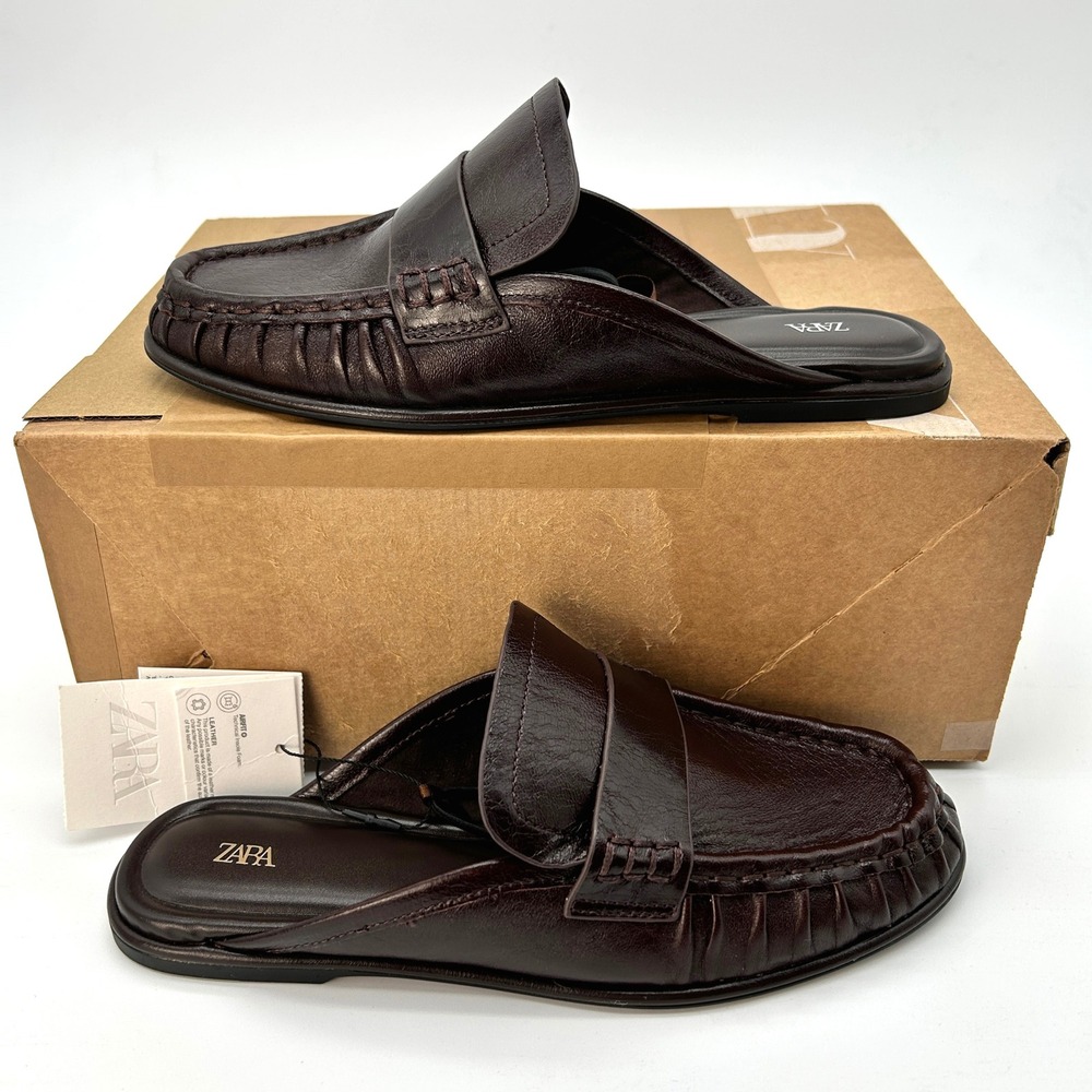 Zara Leather Mule Loafers Womens Size 5 Dark‎ Reddish Brown Slip On Shoes NEW
